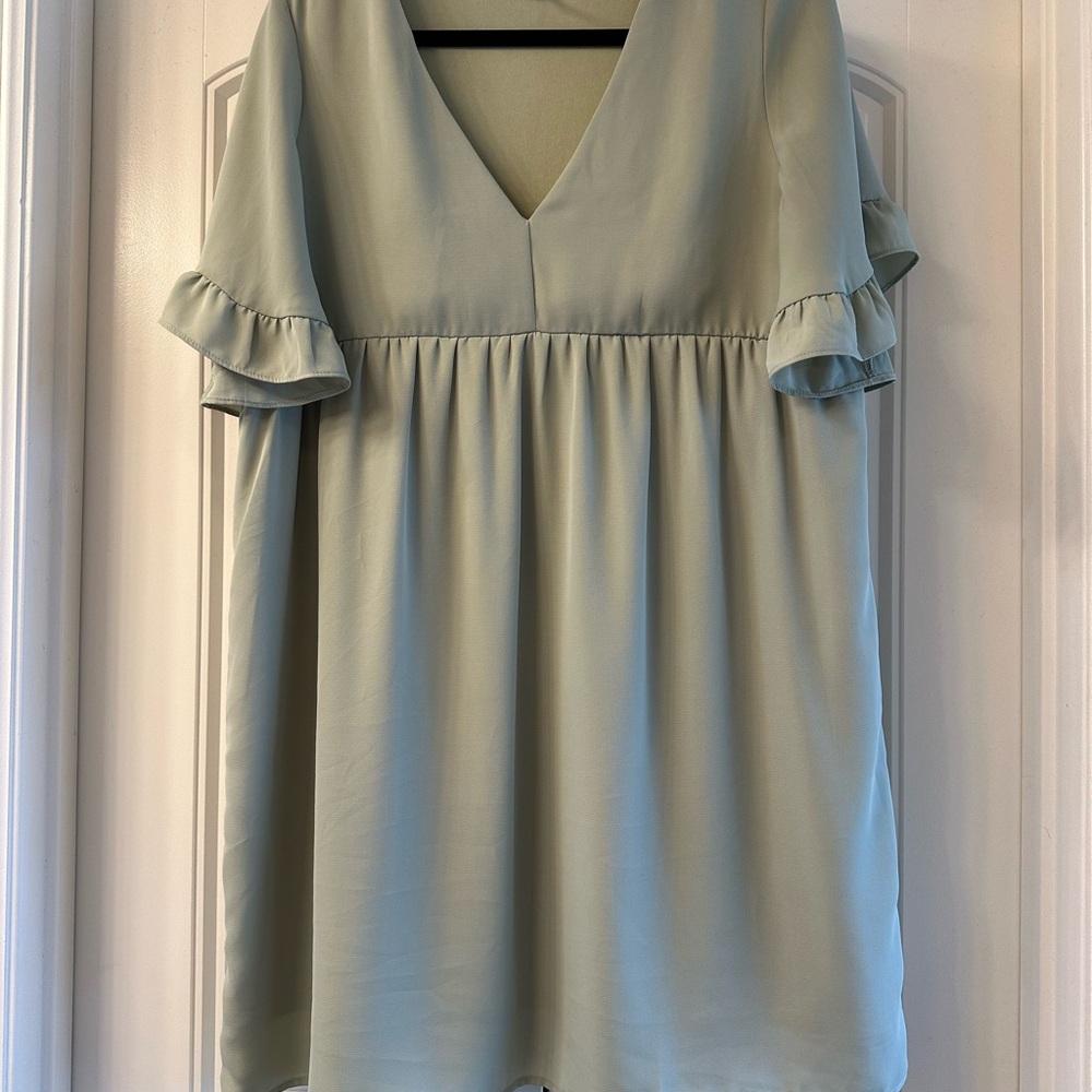 Elegant Sage Green Dress with Ruffle Sleeves